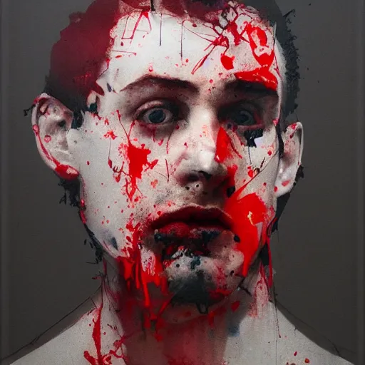 Image similar to matte portrait of a depressed young man covered in blood, by Antony Micallef, minimalist cubism