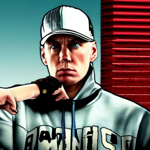 Prompt: eminem in gta v, cover art by stephen bliss, loading screen, box art