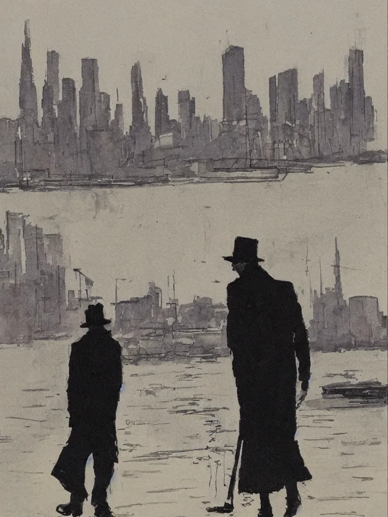 Image similar to a detective walking down the docks, city skyline in the background, by hugo pratt
