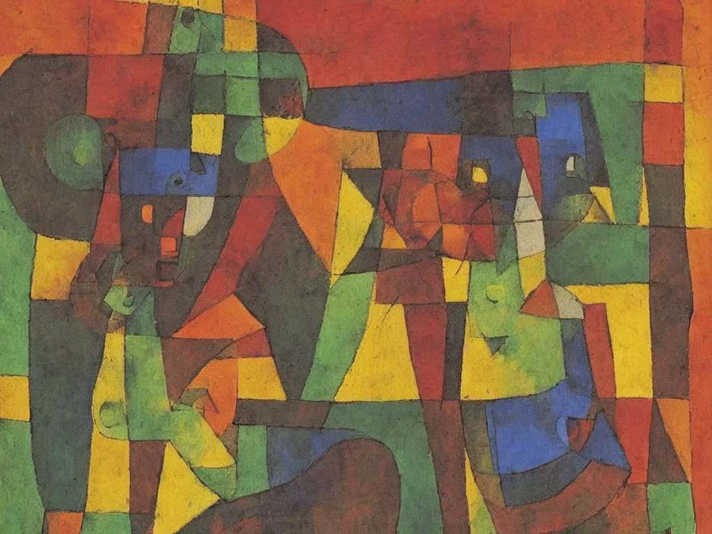 Image similar to portrait of a joyful hunter. painting by paul klee