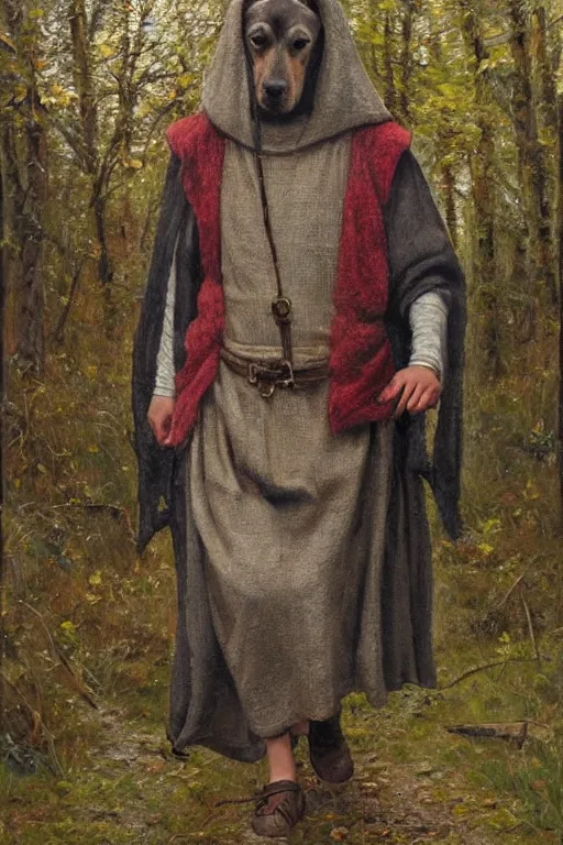 Prompt: by whimmy slavic dog head man, woolen torso in medieval clothes, walking in the forest, orthodox saint christopher, oil painting, painting by viktor vasnetsov, concept art, hyperrealism, beautiful, high resolution, trending on artstation,