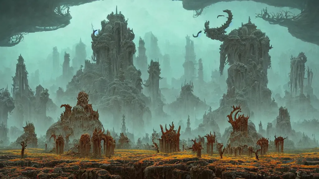 Image similar to the ancient manifestation of evil in a sea of rabid dogs, intricate, detailed, volumetric lighting, sharp focus, scenery, photorealism, digital painting, highly detailed, concept art, by roger dean and simon stalenhag and mark brooks