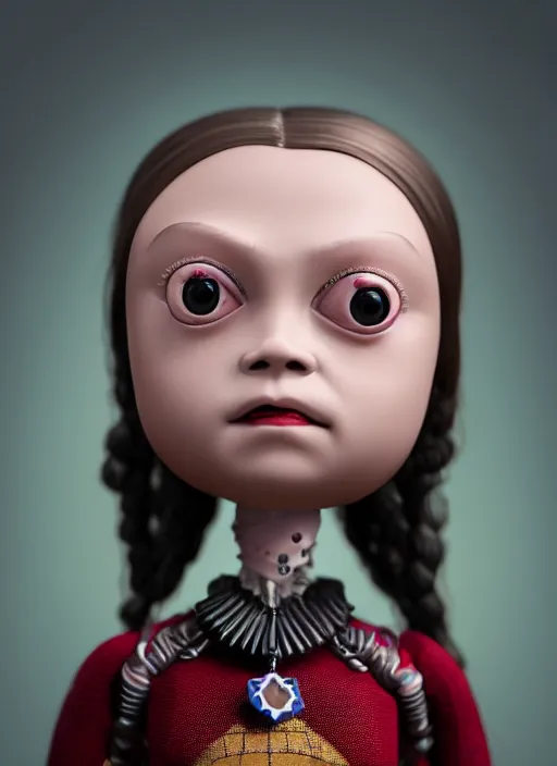 Image similar to closeup face profile portrait of tin toy greta thunberg as a gothic vampire, bikini, depth of field, zeiss lens, detailed, symmetrical, centered, fashion photoshoot, by nicoletta ceccoli, mark ryden, lostfish, breathtaking, 8 k resolution, extremely detailed, beautiful, establishing shot, artistic, hyperrealistic, octane render