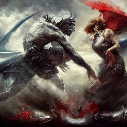 Image similar to the final battle between heaven and hell by raymond swanland, highly detailed