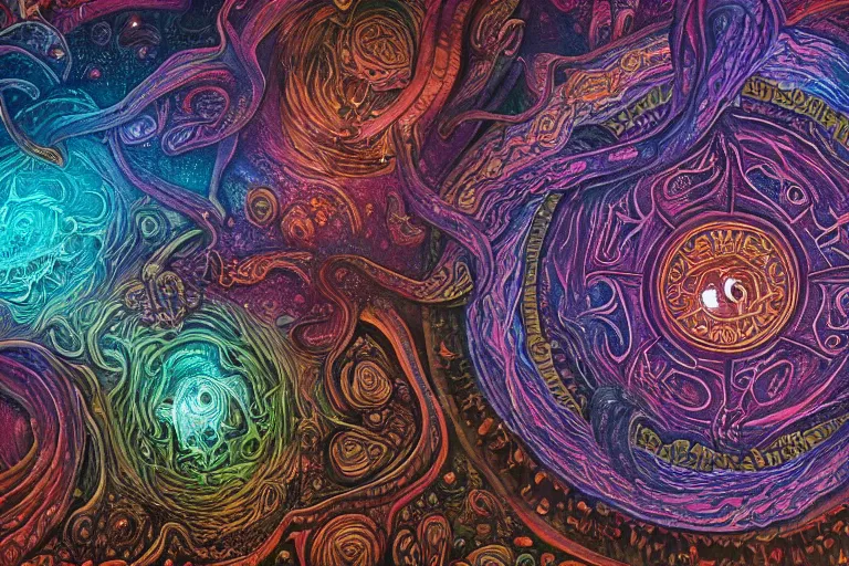 Image similar to a giant mandala of skulls and flesh with deep and intricate rune carvings and twisting lovecraftian tentacles emerging from a space nebula by dan mumford, twirling smoke trails, a twisting vortex of dying galaxies, collapsing stars, digital art, photorealistic, vivid colors, highly detailed, intricate