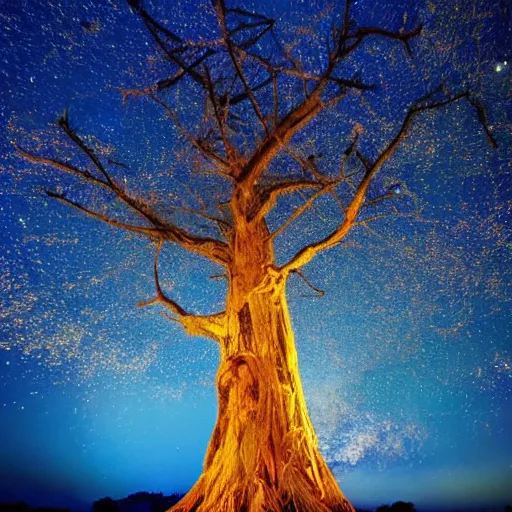 Image similar to mystical giant tree full of fireflies, blue golden leafs,