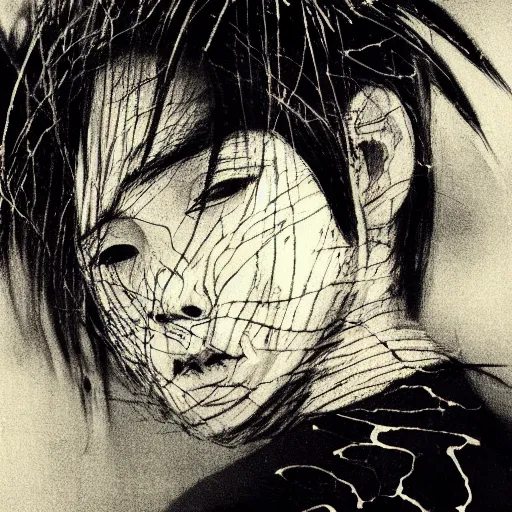 Image similar to Yoshitaka Amano blurred and dreamy illustration of a man with black short hair fluttering in the wind and cracks on his face, abstract black and white patterns on the background, noisy film grain effect, highly detailed, Renaissance oil painting, weird portrait angle