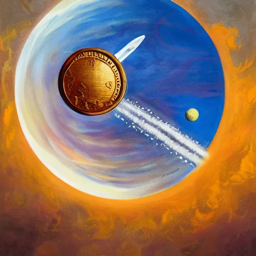 Image similar to a painting of a giant coin connected to a rocket shooting towards the moon