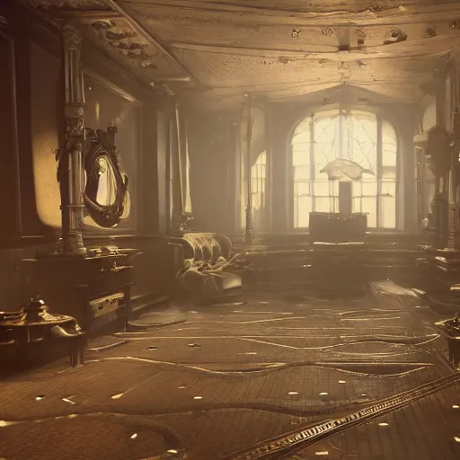 Image similar to futuristic Victorian era interior design artstation, 8k unreal engine