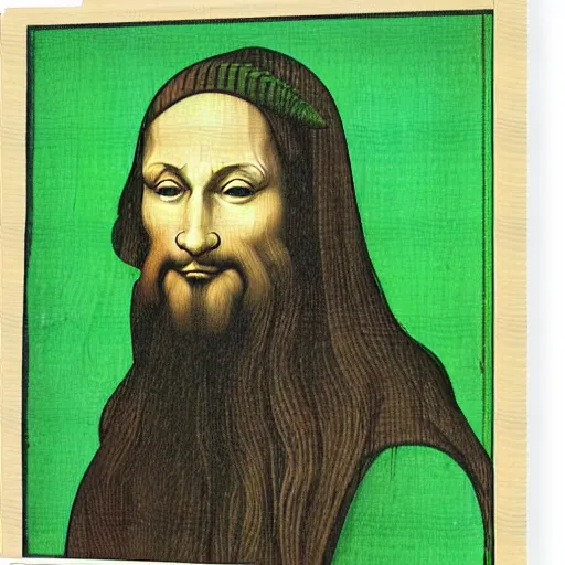 Image similar to portrait of leonardo da vinci in simple green background in the style of japanese cartoon and japanese wood print