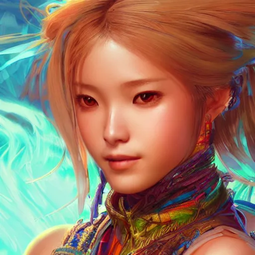 Image similar to a head and shoulders portrait of Yuna from Final Fantasy X, neon, retro, smooth, sharp focus, intricate, artstation, detailed concept art by Rutkowski and Mucha and sky sewa and Marc Simonetti