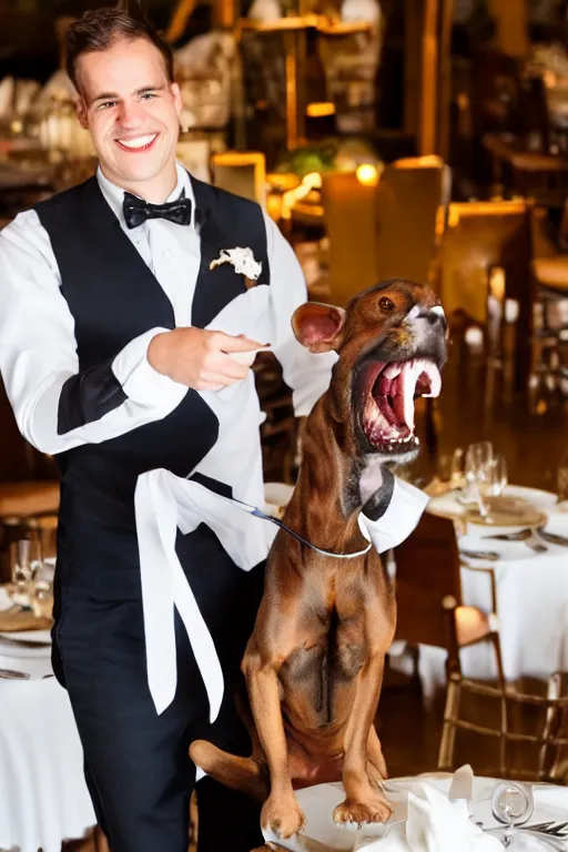 Image similar to a dog - headed waiter at the reception of a fancy restaurant