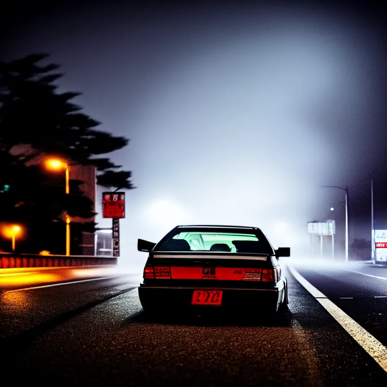 Image similar to close-up-photo JZX90 twin turbo drift middle of empty street, misty kanagawa prefecture, night, cinematic color, photorealistic, highly detailed,