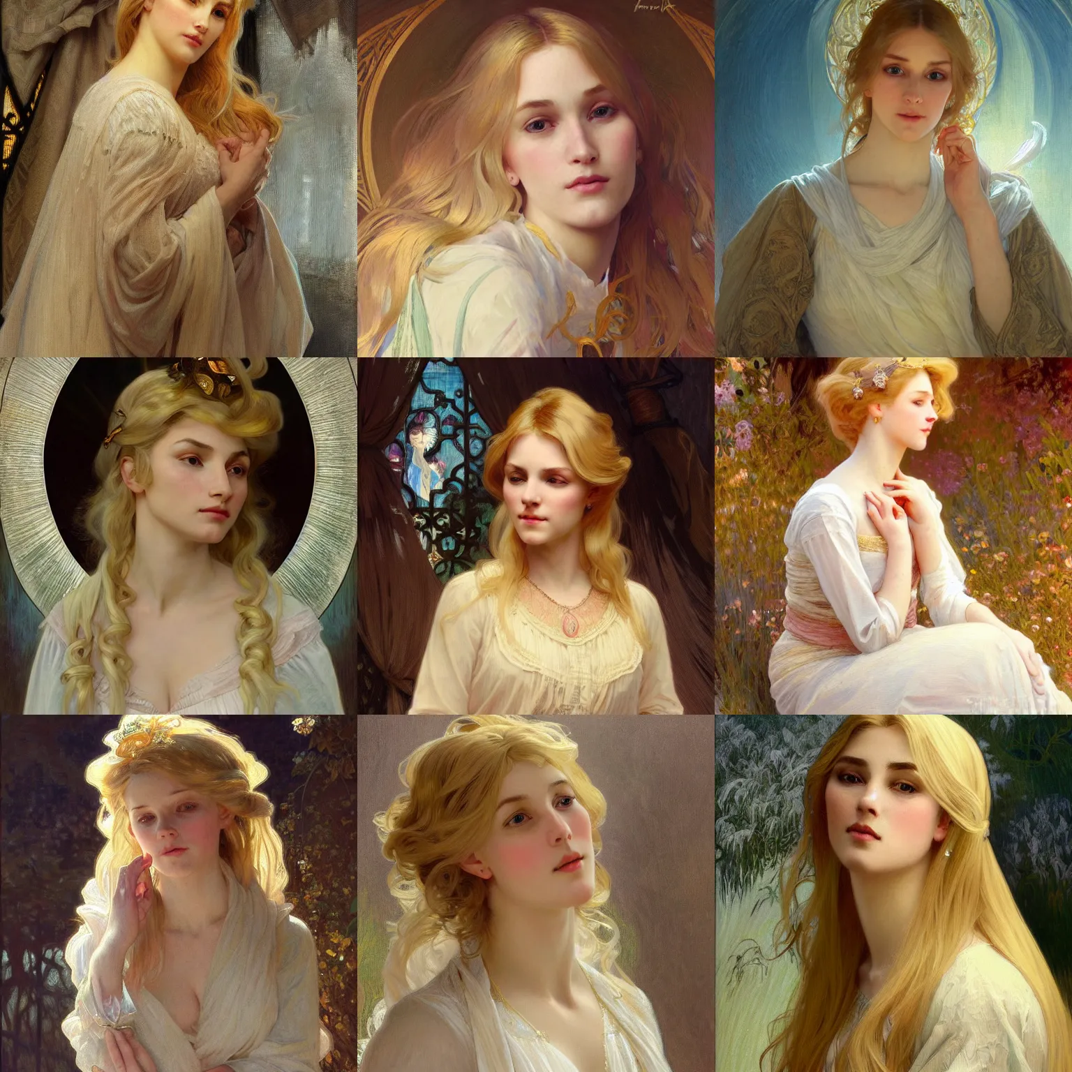 Image similar to painted portrait of a modest wife blessed by god with ever - increasing intelligence beauty and virtue. blonde, clothed holy body, light effect. feminine, powerful, in clothes! intricate, elegant, highly detailed, digital painting, artstation, concept art, smooth, sharp focus, illustration, art by gaston bussiere and alphonse mucha