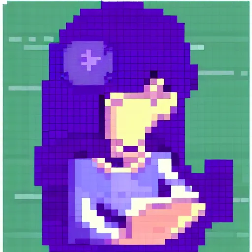 Image similar to pixel art of a female game character with purple long hair and a small pet