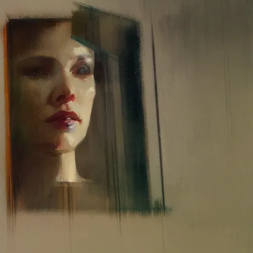 Image similar to portrait of rachael from bladerunner by jeremy mann and edward hopper