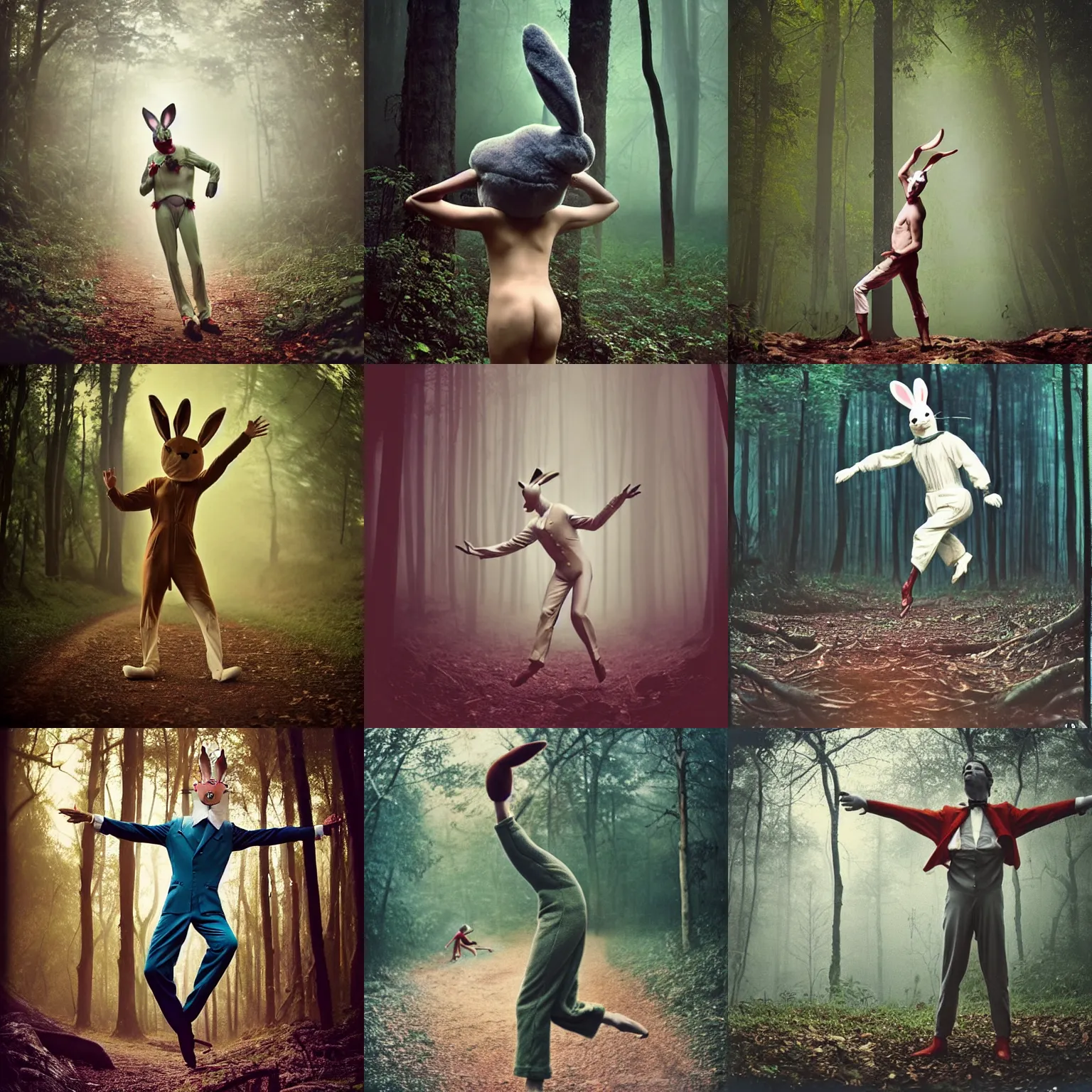 Prompt: 1960!! epic pose!!! Whimsical dancing man in bunny suit , in deep forest jungle , full body , Cinematic focus, Polaroid photo, vintage , neutral dull colors, soft lights, foggy sunset , by oleg oprisco , by national archives, by discovery channel, by victor enrich , by gregory crewdson