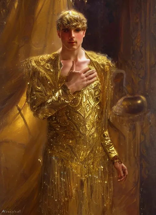 Image similar to portrait of a man dressed in a gold and silver costume, head shoot, art by alex heywood and gaston bussiere, albert lynch, fantasy art, reimagined by industrial light and magic, oil on canvas, hd