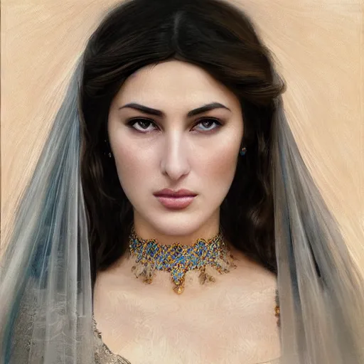 Prompt: Beautiful face Portrait of crying young arab Monica Bellucci, really big blue eyes, long wavy black hair, white veil, closeup, focus face, colored, middle eastern, dramatic lighting, intricate, wild, highly detailed, digital painting, artstation, concept art, smooth, sharp focus, illustration, art by artgerm and greg rutkowski and alphonse mucha, footage from space camera