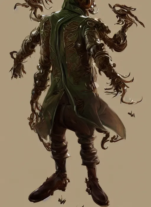 Image similar to a highly detailed illustration of thick wavy brown haired young white guy wearing brown detective trench coat and wearing dark green mask, with many long mechanical arms on his back, dramatic standing pose, intricate, elegant, highly detailed, centered, digital painting, artstation, concept art, smooth, sharp focus, league of legends concept art, WLOP