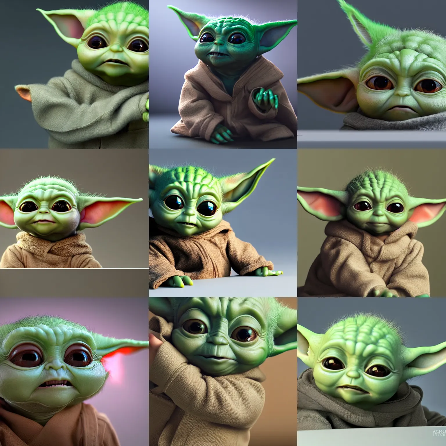 Prompt: crisp quality and light reflections, photorealistic portrait, highly detailed, unreal engine 5 quality render, studio lighting, bright studio setting, still photo of baby yoda