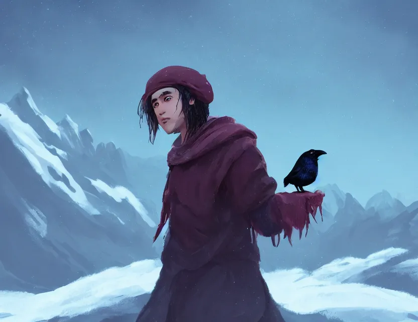 Prompt: crow alchemist boy in the flowering snowy mountains. complementary colors, indie concept art, luminescent, 4 k, chiaroscuro, rimlight.