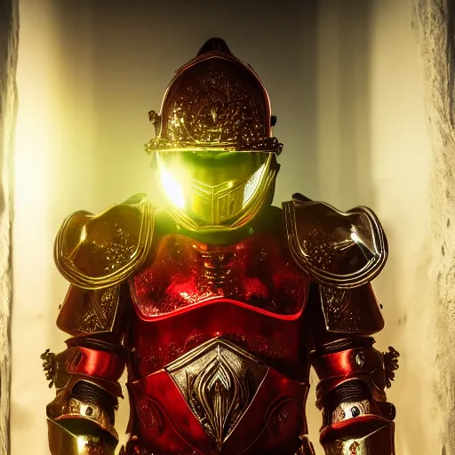 Prompt: evil knight, glowing halo, fantasy paladin, intricate red legendary armor, located in a castle, morning sunlight through the window, decorated, high quality, highly detailed, 4 k