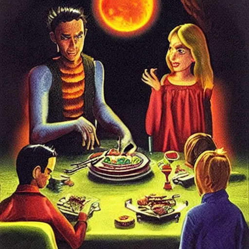 Prompt: goosebumps book cover, werewolf at supper, r l stine