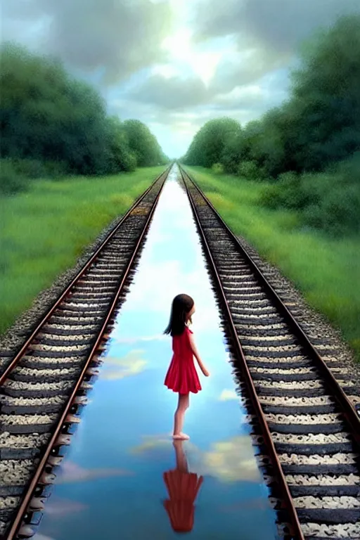 Image similar to shallow reflective water completely covers submerged invisible train tracks as a barefoot girl carries her shoes, there is a train station in the distance and large white clouds on a wide horizon, intricate, elegant, highly detailed, digital photo, artstation, concept art, smooth, sharp focus, art by artgerm and greg rutkowski and fra angelico