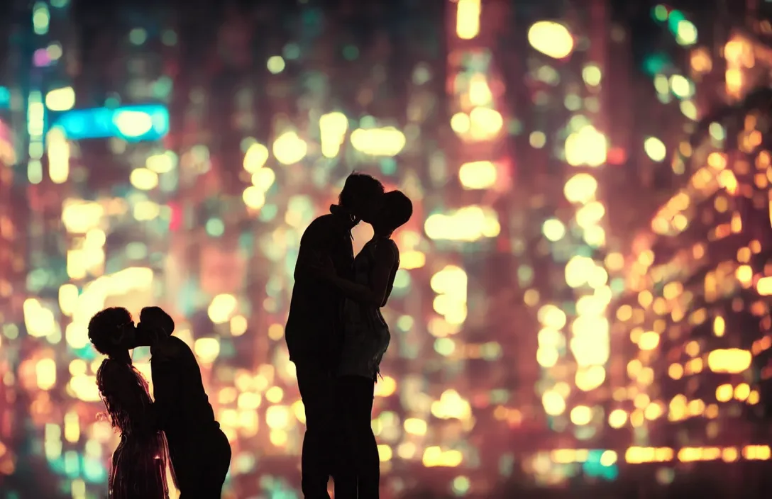 Prompt: two people kissing in front of a cyberpunk city, neon lights, bokeh, close up, award wining photograph, movie still,