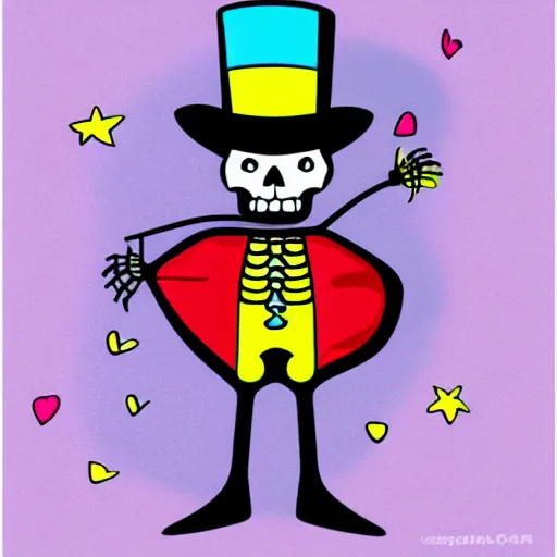 Image similar to cartoon skeleton in a tophat, colorful, pastel, sticker, cartoon, digital art, clean lines,