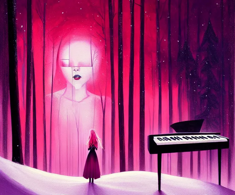 Prompt: a painting of a beautiful face gothic girl, pink hair in a stunning red dress playing a piano in the dark snowy forestby randolph stanley hewton and alena aenami, cg society contest winner, retrofuturism, matte painting