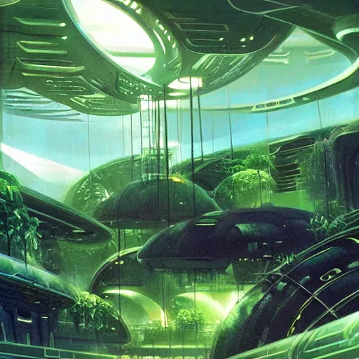 Prompt: beautiful matte painting of green gardens on a futuristic sci-fi space station, cinematic angle, cinematic lighting, by Syd Mead, John Harris, Federico Pelat