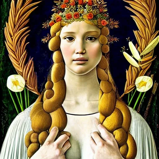 Image similar to jennifer lawrence as the goddess of spring, elegant portrait by sandro botticelli, detailed, symmetrical, intricate