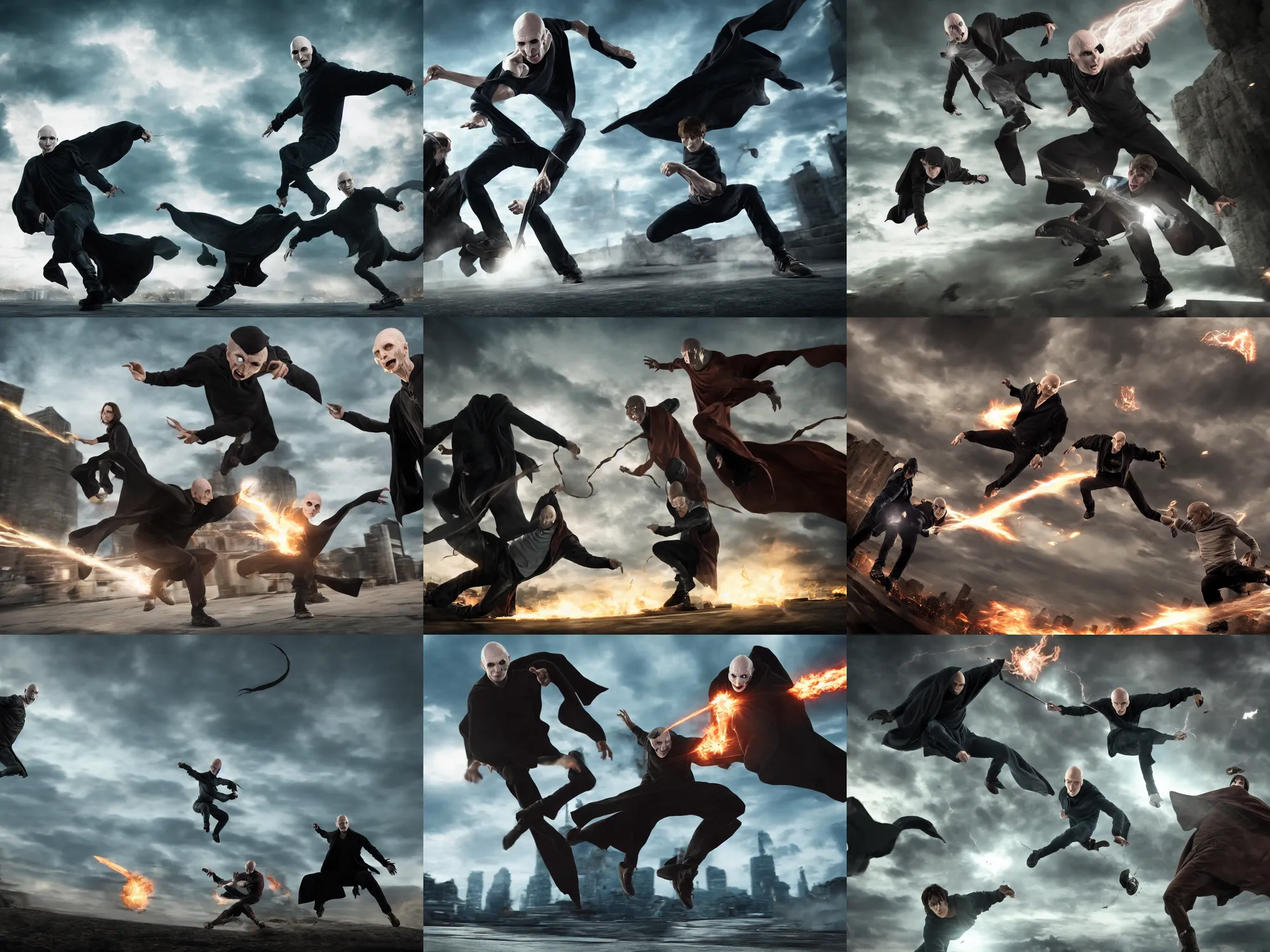Prompt: Voldemort fighting against Tony Hawk, titans fighting far in the background, low angle dramatic close view, cinematic lighting, photorealistic