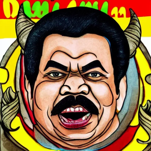 Image similar to mahinda rajapaksa as the devil, hand drawn style