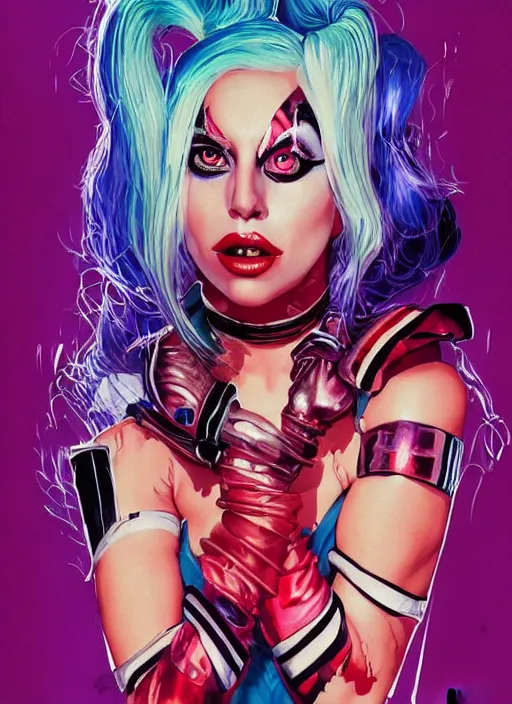 Image similar to beautiful lady gaga as harley quinn, horror, high details, bright colors, vivid, intricate details, by vincent di fate, artgerm julie bell beeple, 1 9 8 0 s, inking, vintage 8 0 s print, screen print