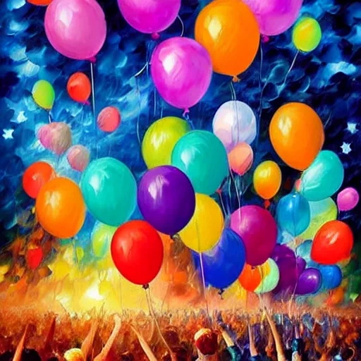 Prompt: “Happy Birthday Party” streamers, lots of balloons, beautiful colors, Matte painting, concept art, art station, 8K 3-D, Leonid Afremov,