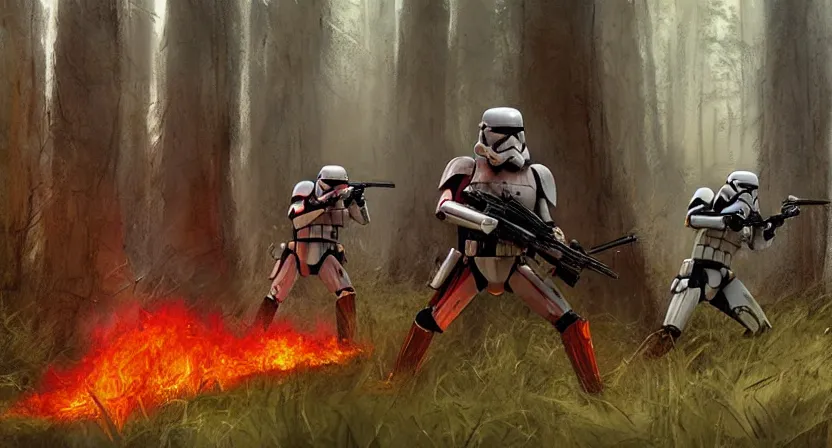 Prompt: imperial stormtroopers shooting red blaster bolts in barren lifeless forest with burned trees concept art by Doug Chiang cinematic, realistic painting, high definition,very detailed, extremely high detail, photo realistic, concept art, red color palette, the Mandalorian concept art style