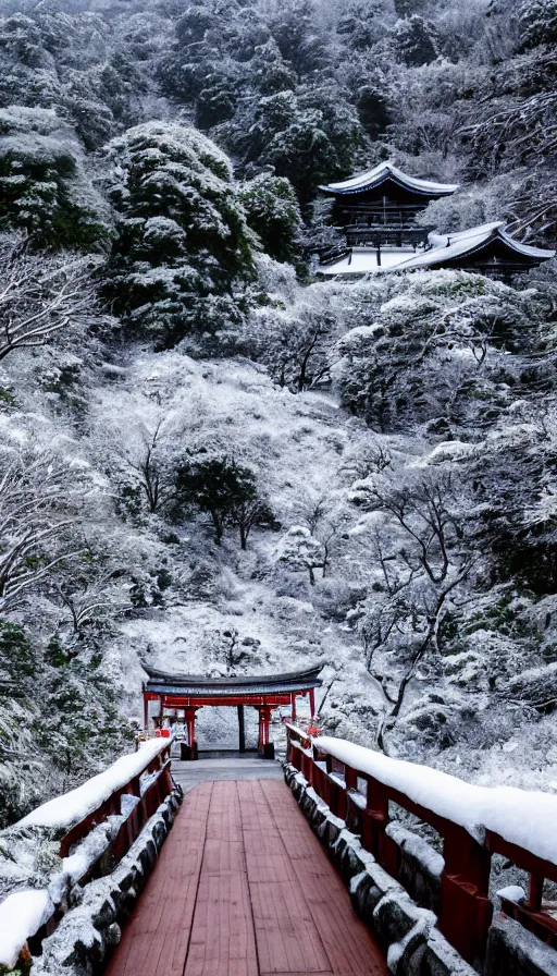 Image similar to a shinto shrine path atop a mountain,snowy,beautiful,nature,distant shot,isometric