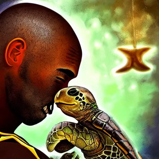 Image similar to kobe bryant kissing a turtle in heaven, amazing digital art, amazing detail, fantasy art, artstatiom, cgsociety, epic art