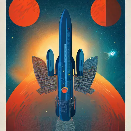 Image similar to blue rocket in space, orange fruit as a planet, intricate sci-fi poster by Denis Villeneuve