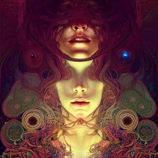 Image similar to An extremely psychedelic experience, surreal, dramatic lighting, magic mushrooms, psilocybin, LSD, face, detailed, intricate, elegant, highly detailed, digital painting, artstation, concept art, smooth, sharp focus, illustration, art by Krenz Cushart and Artem Demura and alphonse mucha