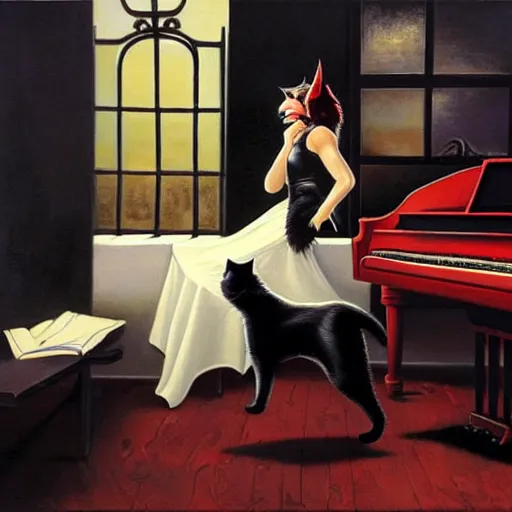 Prompt: woman, dressed in black tie, fowers, dark clouds, stylish, cat play the piano, greg hildebrandt fancy oil painting high quality luxury clothes