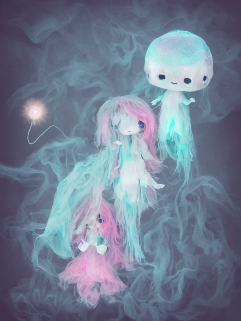 Image similar to cute fumo plush smiling ectoplasmic jellyfish ghost girl waving in deep fog over mysterious waters, patchwork doll chibi gothic maiden in tattered melting rags, glowing pink wisps of hazy green smoke and eerie blue volumetric fog swirling about, moonlight, glowing lens flare, black and white, vray