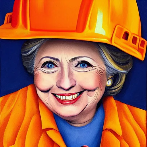 Image similar to stylized oil painting of hillary clinton as a construction worker, wearing an orange safety vest