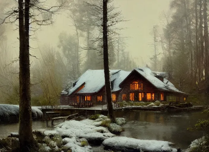 Prompt: oil painting, snow blizzard in woodland meadow, log cabin, smoke billowing from chimney, water stream, water wheel, mystic crooked trees, breeze, detailed art by anders zorn, wonderful masterpiece by greg rutkowski, beautiful cinematic light, american romanticism by greg manchess, creation by tyler edlin