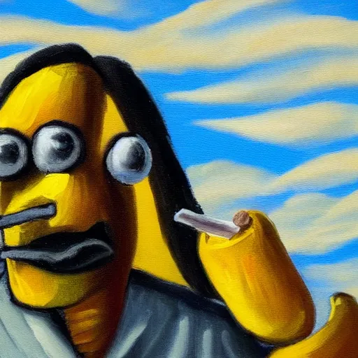 Prompt: Oil painting of an anthropomorphous banana smoking a cigar on a hill. Award-winning. 4k.