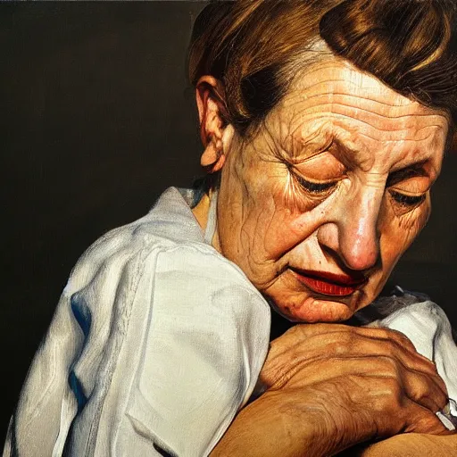 Image similar to high quality high detail painting by lucian freud, hd, woman portrait, photorealistic lighting