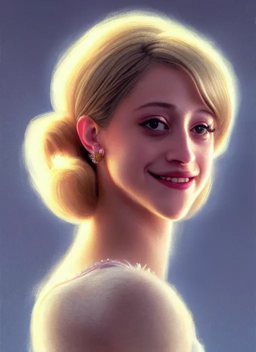 Image similar to portrait of lili reinhart with fluffy bangs, smiling kindly, bangs, 1 9 6 0 s, ponytail, curly bangs and ponytail, rounder face, intricate, elegant, glowing lights, highly detailed, digital painting, artstation, concept art, smooth, sharp focus, illustration, art by wlop, mars ravelo and greg rutkowski